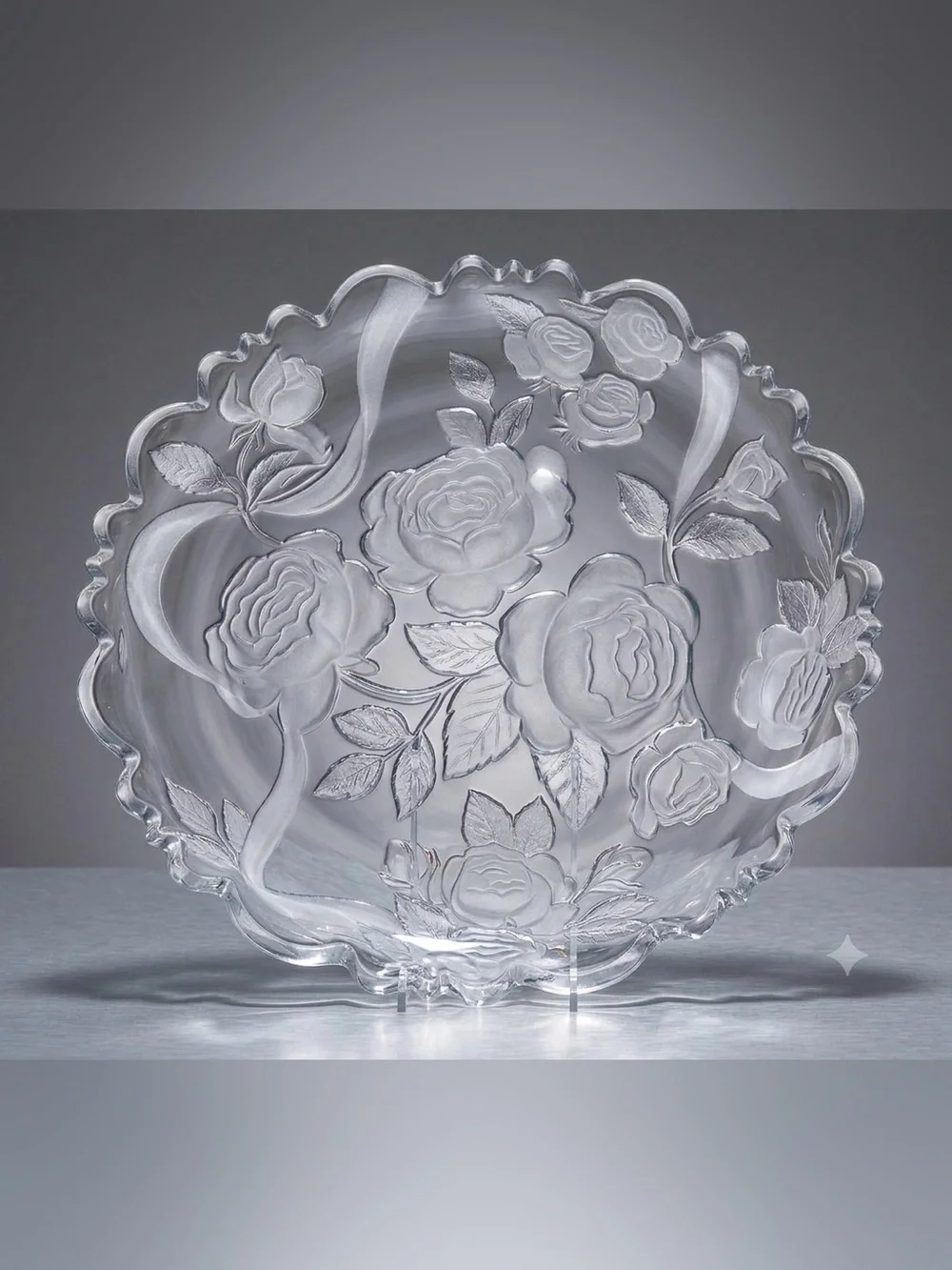 Vintage Frosted Pressed Glass Rose Platter Scalloped Edge Serving dish 14”x1.5”